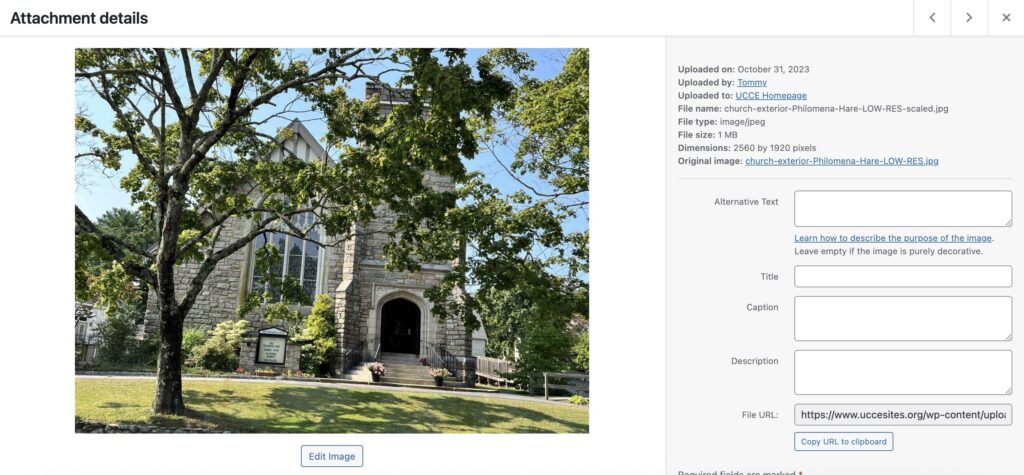 A screenshot of the "Attachment Details" pop up where users can edit alternative text.